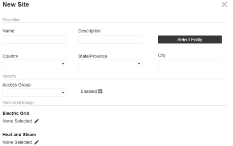 The New Site slide-out displays with all fields blank