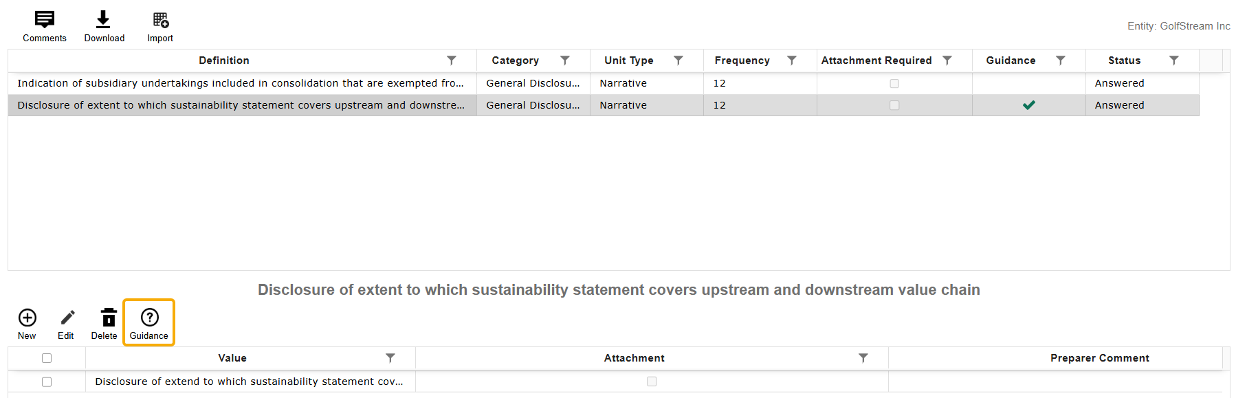 The Guidance icon displays above the data entry grid and is a question mark flat design style