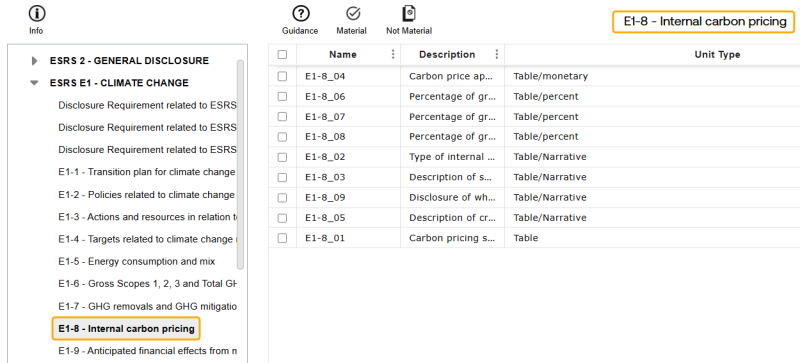 ESRS E1-8 Internal carbon pricing selected and filtered