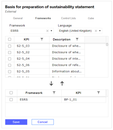 The Frameworks tab shows which framework KPI is assigned to the definition.The assigned framework KPI is displayed in the bottom grid