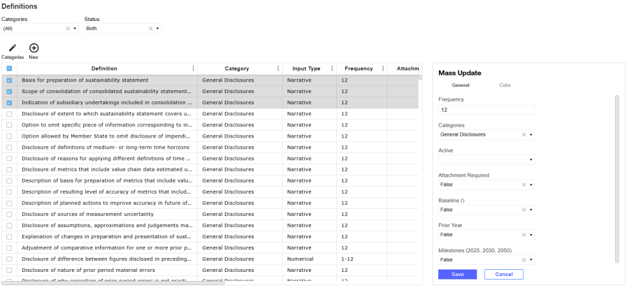 Multiple definitions are selected and the Mass Update panel displays 
