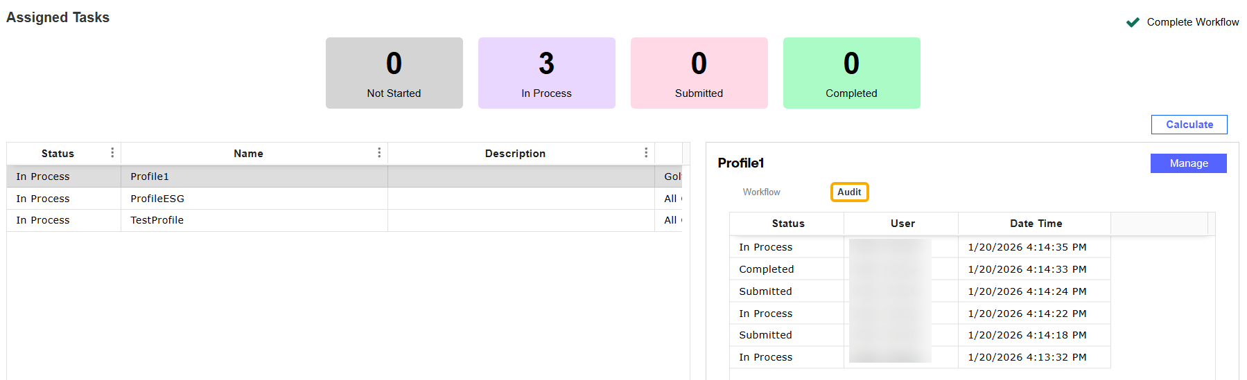 The Audit tab is outlined and displays several status updates for the profile 