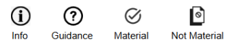 The Info icon is a question mark in a circle, flat design style, the Guidance icon is a question mark in a circle, flat design style. The Material icon is a checkmark in a circle, flat design style. The Not Material icon is a page, flat design style.