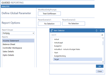 The Target parameter is highlighted blue inside the square Item Selector dialog box.