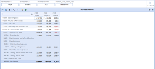 The Income Statement report displays as a light blue grid. The first Target property is outlined in light blue.