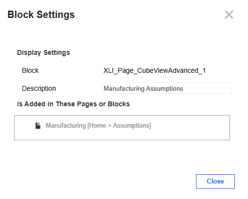 Block Settings slide-out panel features the name, description, and a list of Pages or Content Blocks where the Content Block is used, with a Close button.