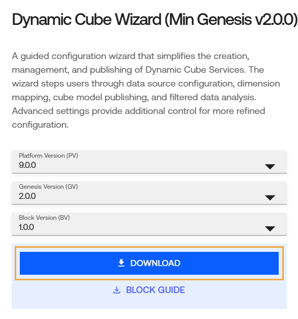Dynamic Cube Wizard Content Block detail page. A description explains the Content Block supports configuration, management, and publishing of Dynamic Cube Services. Drop-down menus show Platform Version 9.0.0, Genesis Version 2.0.0, and Block Version 1.0.0. A prominent highlighted Download button displays below, with a Block Guide link underneath.
