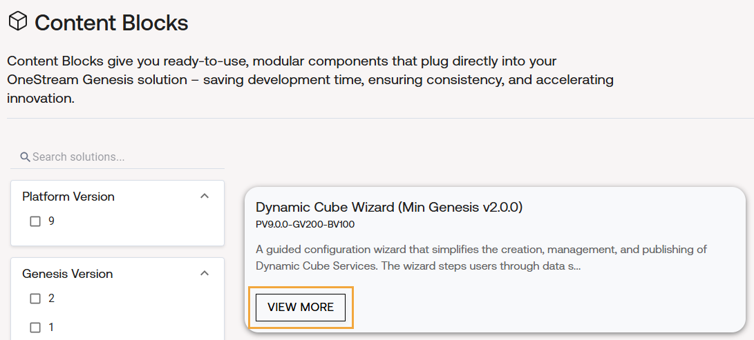 Content Blocks page has a list of available Content Blocks for Genesis. A description at the top explains that Content Blocks are modular components. A search field and filter panel on the left include Platform Version and Genesis Version options. On the right, a solution card titled Dynamic Cube Wizard includes a short description and a highlighted View More button.