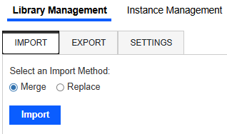 Select an Import Method has two options with radio buttons: Merge and Replace. Import button is below and has a blue background with white text.