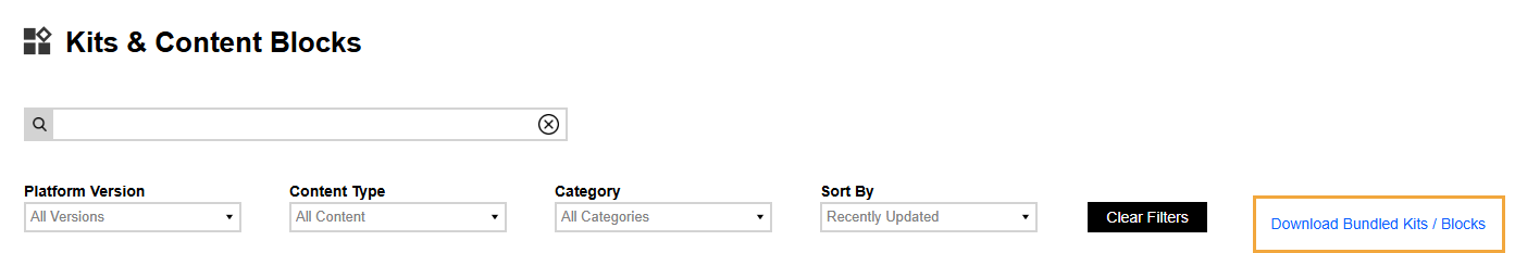 Kits and Content Blocks heading includes an icon of three back squares and a white diamond. A search bar is below the heading. Then, filters are below the search bar. There are filters for Platform Version, Content Type, Category, and Sort By. Then, a Clear Filters button, which is a black rectangle with white text, is to the right of the filters. To the right of the Clear Filters button is a link Download Bunded Kits / Blocks, which is blue text. This link is highlighted.