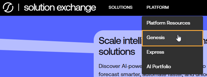 Top navigation bar of the Solution Exchange website with the Platform menu expanded. The drop-down menu has options for Platform Resources, Genesis, which is highlighted, Express, and AI Portfolio. 
