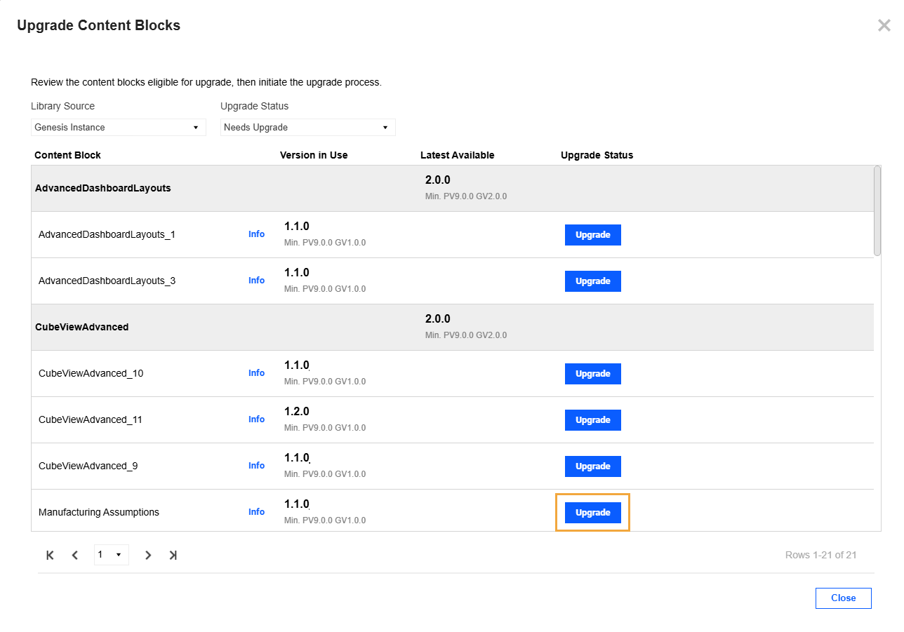 Upgrade Content Blocks slide-out panel features a list of Content Blocks that need to be upgraded. The Upgrade button has a blue background and white text.
