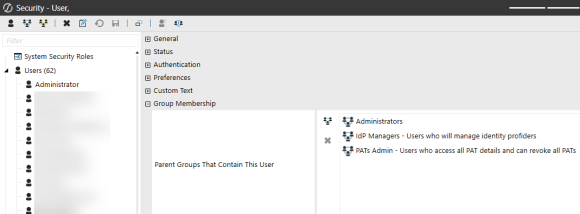 The Security user configuration page has a grid with row headings that have a gray background with black text and can be expanded to display fields with a white background and black text. This example displays three groups in the Parent Groups that Contain This User field: Administrators, IdP Managers, and PATs Admin.