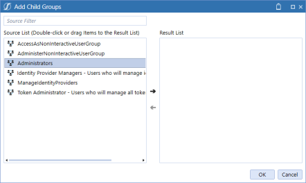 The Add Child Groups dialog box displays the list of child groups on the left of the screen as the Source List. Instructions explain that you can double-click or drag items to the right of the screen to add them to the Result List. There is also a source filter field at the top of the screen that can be used to search for a specific child group.