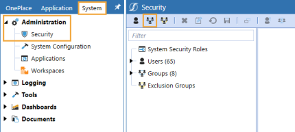 The security page has a toolbar row at the top of the page with icons. The Create Group icon is highlighted. It has the silhouettes of three users with a blue circle connecting them as a group. The navigation column on the left shows the System tab selected, the Administration option expanded, and the Security option selected.
