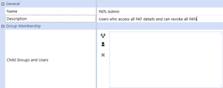 The Create Group page has a grid with row headings that have a blue background with blue text and can be expanded to display fields with a white background and black text. This example displays the Name, Description, and Child Groups and Users fields. The Name field has the example text: PATs Admins. The Description field has the example text: Users who access all PAT details and can revoke all PATs. 