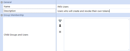 The Create Group page has a grid with row headings that have a blue background with blue text and can be expanded to display fields with a white background and black text. This example displays the Name, Description, and Child Groups and Users fields. The Name field has the example text: PATs Users. The Description field has the example text: Users who will create and revoke their own tokens. 