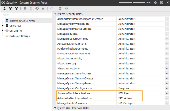 The System Security Roles page has a grid with row headings that have a gray background with black text and can be expanded to display fields with a white background and black text. This example highlights two roles: AccessAsNonInteractiveUser and AdministerNonInteractiveUser. The AccessAsNonInteractiveUser role has the PATs Users group assigned to it. The AdministerNonInteractiveUser role has the PATs Admin group assigned to it.