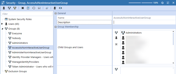 The Security group page has a grid with row headings that have a blue background with blue text and can be expanded to display fields with a white background and black text. This example displays the users and groups in the Child Groups and Users field.