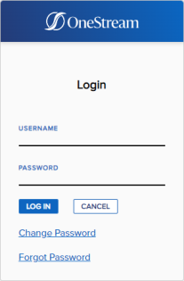 The Login dialog box has a blue banner at the top with the OneStream logo and fields for the username and password. There are two rectangular buttons for log in and cancel. The log in button has a blue background, and the cancel button has a white background. There are links that can be selected to change a password or reset a forgotten password.