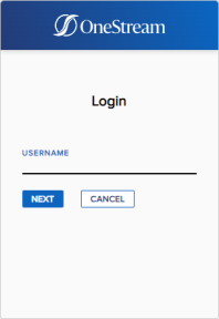 The Login dialog box has a blue banner at the top with the OneStream logo and a field for the username. There are two rectangular buttons for next and cancel. The next button has a blue background, and the cancel button has a white background.