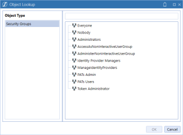 The Object Lookup dialog box displays the list of security groups. 