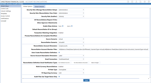 The Global Options tab has a vertical list of options with different types of selections: drop-down menus that are a rectangle with a black down arrow, check boxes, and text fields that are rectangles. The Save button at the bottom is a blue rectangle.