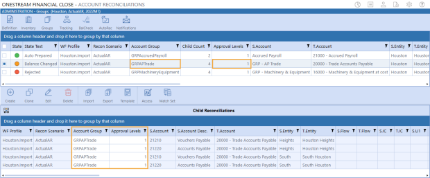 The Administration Groups screen displays a row of navigation icons at the top and a grid of the account groups below. Each account group is listed in a row with detailed information in the columns of the grid. In this example, GRPAPTrade account group is selected. This selection populated a grid below the account groups for child reconciliations. The four child reconciliations for this account group are displayed. Each child reconciliation is listed in a row with detailed information in the columns of the grid. The example shows there is 1 approval level for both the account group and each child reconciliation.