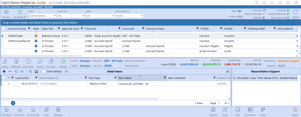 The Account Reconciliations page has a grid in the top half with the reconciliations. A reconciliation for an account group is selected in the grid. The Detail Items pane is in the bottom half of the screen with the Balance Check item associated with the selected reconciliation. There are Balance Check options displayed below the Detail Items pane used to Pull Balance Check and Go to Balance Check.