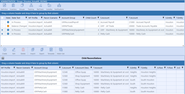 The Child Reconciliations section is a grid with a blue background. Columns displayed can be rearranged by dragging and dropping them.