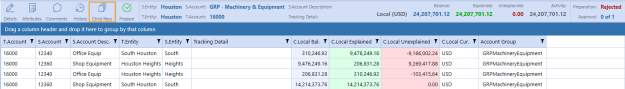 The header row displays icons in a toolbar, account information, and balances. In the header row, the Child Recs icon is highlighted. The icon is three rectangles in a stack and the words Child Recs below. Below is a grid with the child reconciliations and detailed information.
