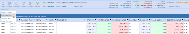 The header row displays icons in a toolbar, account information, and balances. Below is a grid with the child reconciliations and detailed information, including Account, Local, and Reporting balances. The grid displays the currency selected in the Balance Type drop-down menu: all, child, or group.