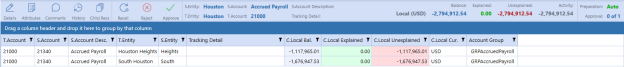 The header row displays icons in a toolbar, account information, and balances. Below is a grid with the child reconciliations and detailed information, including Local balances.