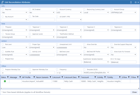 The Edit Reconciliation Attributes dialog box has four sections with blue headings for Information, Role, Action, and Other. Each section includes drop-down menus that are rectangles and black down arrows and text fields that are rectangles. A grid with additional information is listed at the bottom with a blue heading.