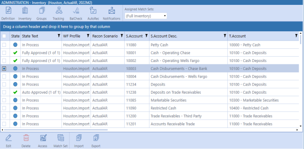 The Reconciliation Inventory is a grid with a white background. Columns displayed can be rearranged by dragging and dropping them. There is a menu bar at the top with icons to navigate to other pages and an Assigned Match Sets drop-down menu that is a rectangle with a black down arrow. A menu bar at the bottom has options for making changes to items in the grid.