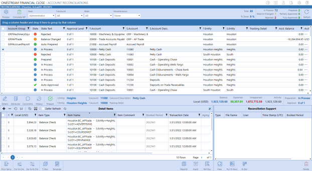 The Account Reconciliations page has a grid in the top half with the reconciliations. A reconciliation is selected in the grid. The Detail Items pane is in the bottom half of the screen with the Balance Check items associated with the selected reconciliation. There are Balance Check options displayed below the Detail Items pane used to Pull Balance Check and Go to Balance Check.