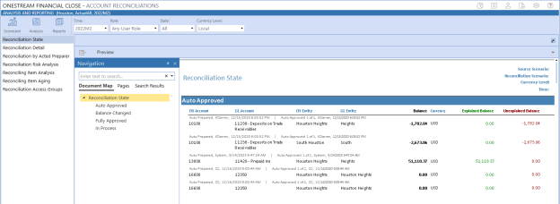 Reports page has left-side navigation menus with vertical lists and selections highlighted, a row of drop-down menus at the top that are each a rectangle with a black down arrow to select Time, Role, State, and Currency Level, and a preview window showing the grid on a white background with blue, black, green, and red text.