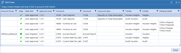 The Drill Down dialog box includes a grid with each reconciliation listed in a row and details about the reconciliation included in the list of columns.