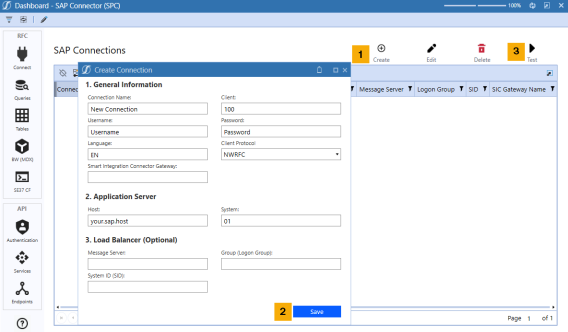 SAP RFC Connections with numbered steps of create, save, and test.