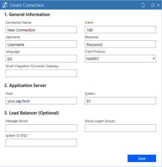 RFC Create Connection dialog with General information, application server, and load balancer fields. 