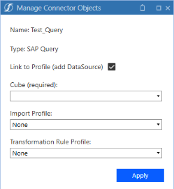 Manage Connector Objects dialog displays options for linking a datasource
