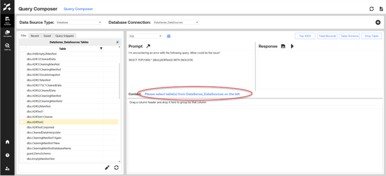 AI Data Tools Query Composer interface showing a prompt and response panel, with a message highlighted indicating to select a table from the data source list on the left before running a query.