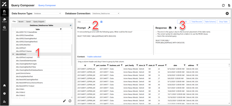 AI Data Tools Query Composer interface with numbered steps: (1) selecting a table from the data source list on the left, (2) entering a query prompt in the SQL editor, and (3) viewing the generated response and results, including a data preview table displayed below.