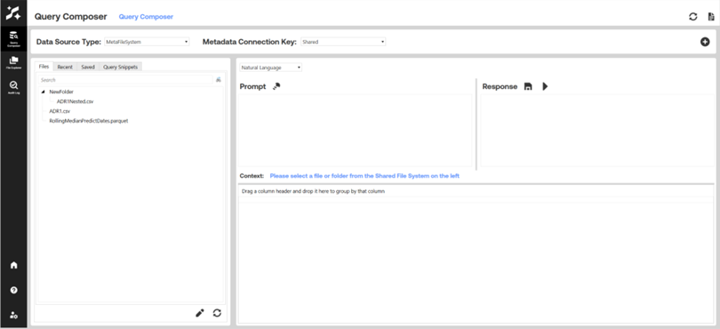 AI Data Tools Query Composer interface configured for metadata file system access, showing options for data source type and metadata connection key, with panels for prompt and response, and a message instructing the user to select a file or folder from the shared file system on the left.