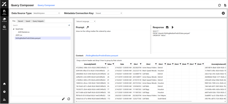 AI Data Tools Query Composer interface using a metadata file system source, showing a selected parquet file, a natural language prompt requesting median values, the generated SQL response, and a preview table displaying query results.