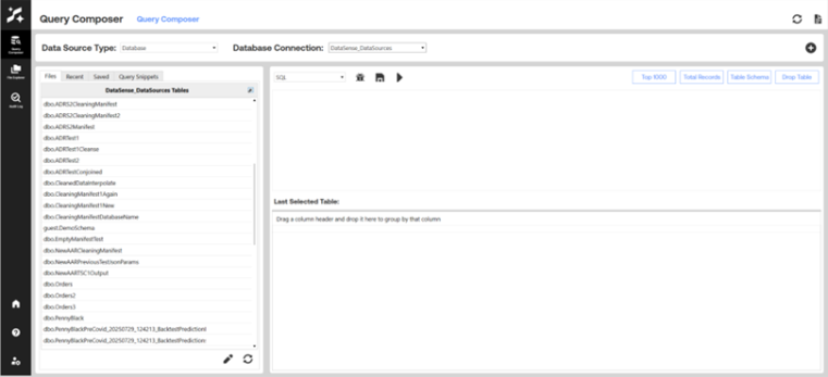 AI Data Tools Query Composer interface showing data source and database connection selection, a list of available tables on the left, and a workspace on the right for building and executing SQL queries, with options like Top 1000, Select Records, Table Schema, and Drop Table.