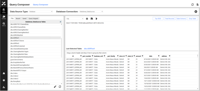 AI Data Tools Query Composer interface showing data source and database connection selection, a list of available tables on the left, and a workspace on the right for building and executing SQL queries, with options like Top 1000, Select Records, Table Schema, and Drop Table.