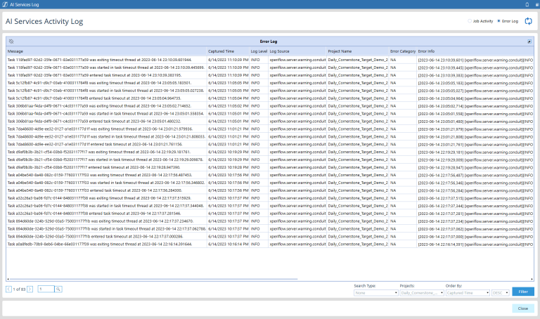 The Error log provides error details for each failed job and task.