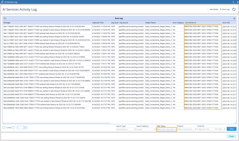 Search for errors in the Error log by entering the Job Activity ID.