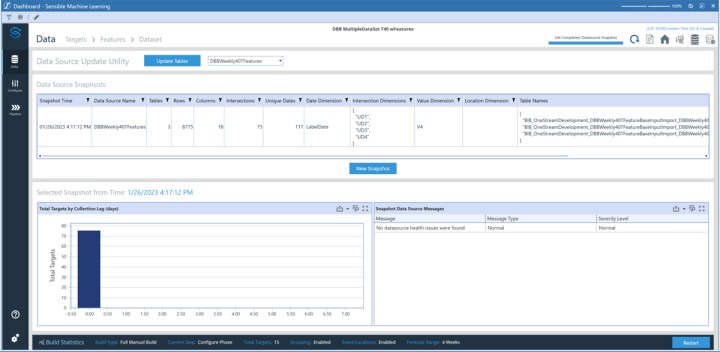 The Data Update page lets you update target and feature data during modeling and provides snapshot details.